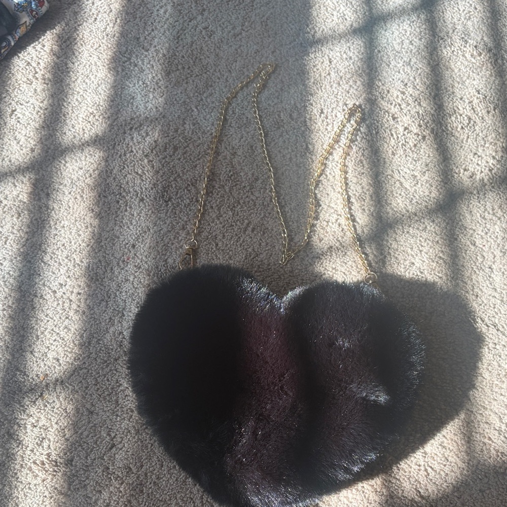 Heart-Shaped Faux Fur Bag with Gold Chain